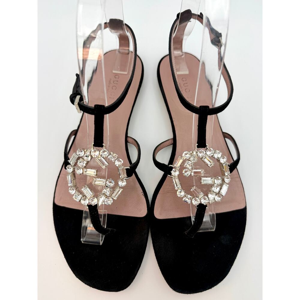 Gucci Black Suede Crystal GG Thong Sandals Size 37.5 / 7 Flat T-strap Gladiator - Picture 3 of 15